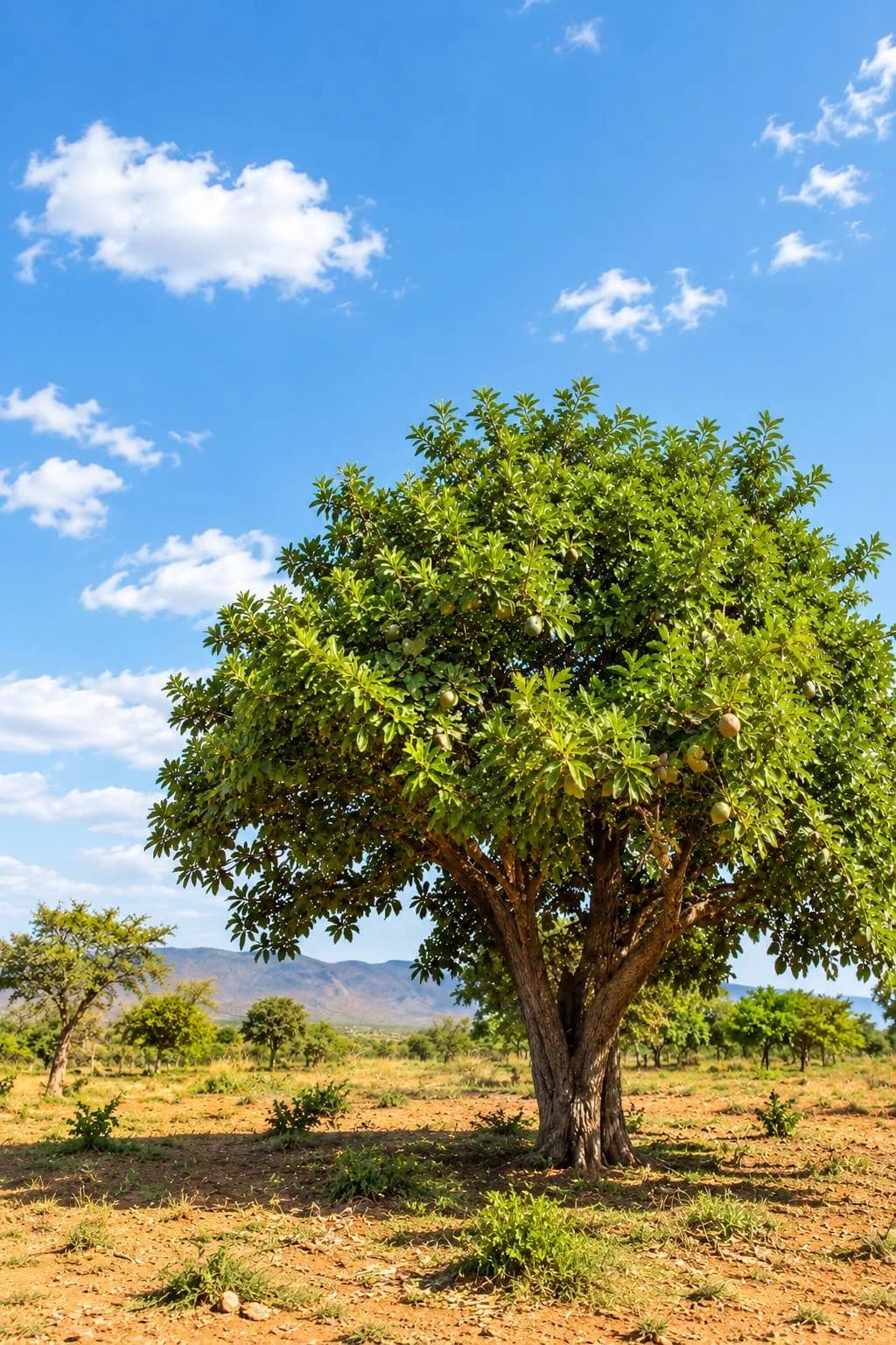 Arbre à karité Vitellaria paradoxa dans les savanes du Grand Nord-Cameroun au coucher du soleil