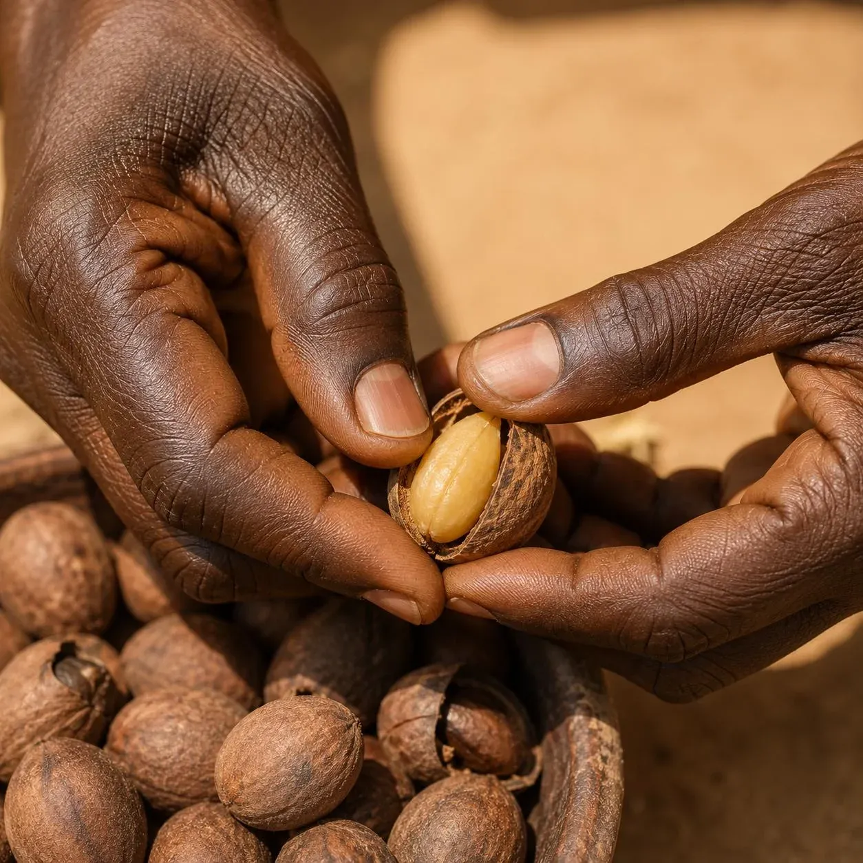 Mains décortiquant artisanalement les noix de karité pour extraire l'amande précieuse