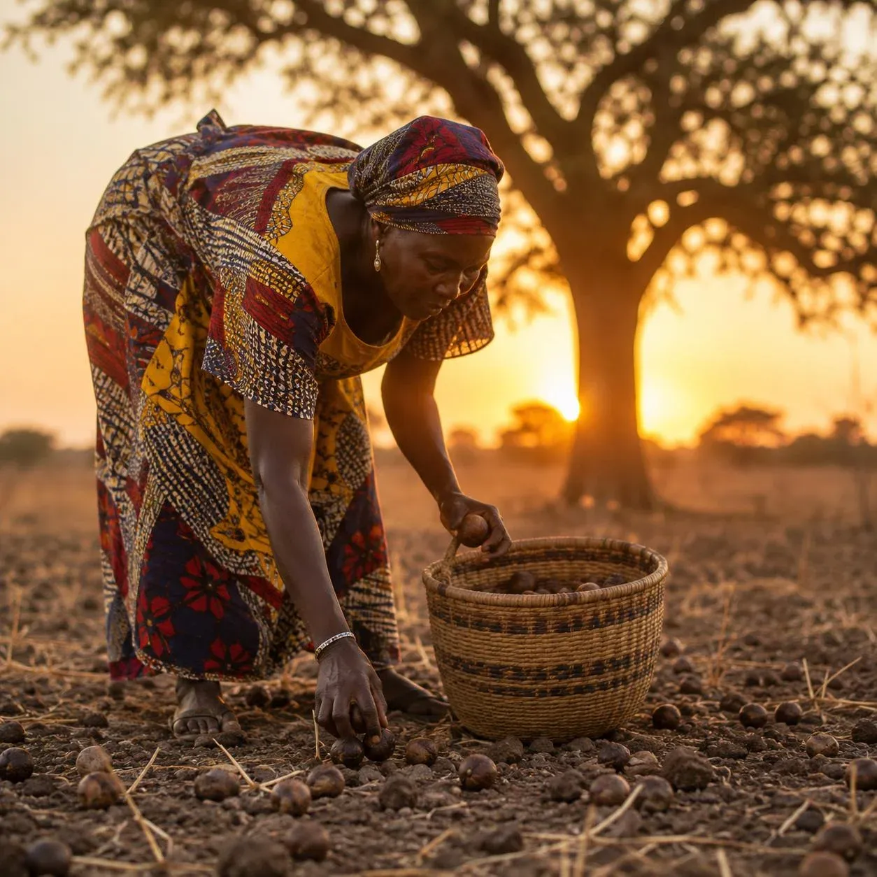 Femmes récoltant les fruits mûrs de karité dans les savanes du Cameroun Nord au petit matin